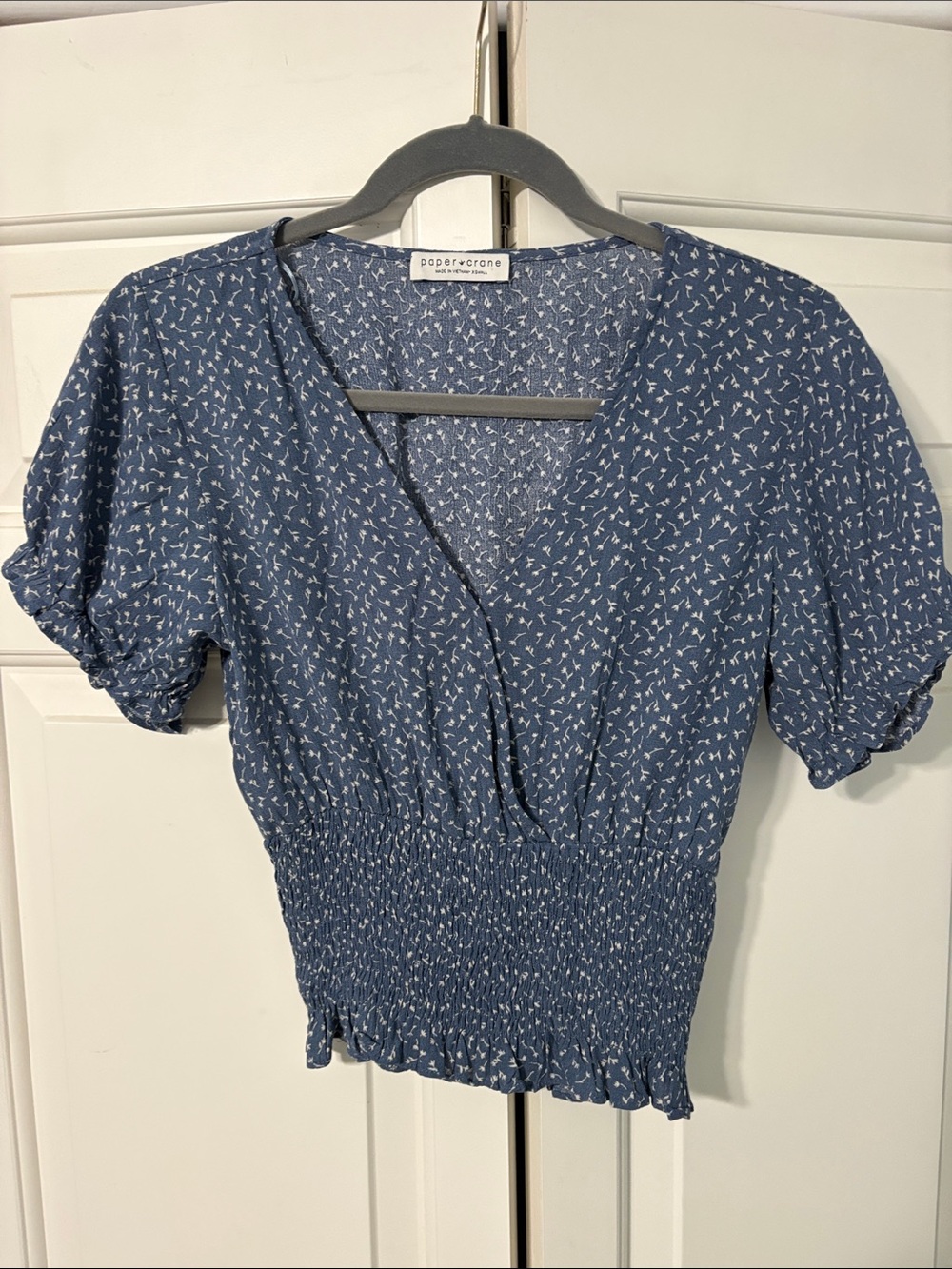 Paper Crane Blue Ditsy Print Smocked-Waist V-Neck Top